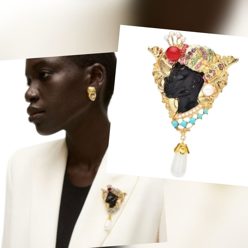 Nwot ZARA Heritage Cameo Brooch African Woman Pride Cultural Blackamoor (1035)